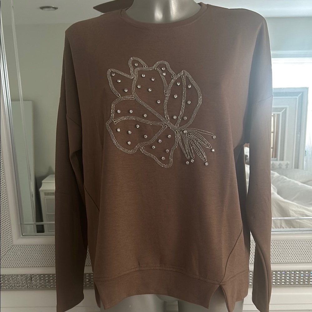 Brown Sweatshirt with Beaded Floral Design
